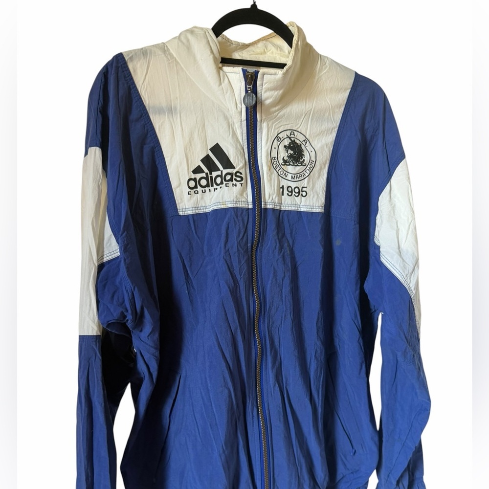 Vintage adidas 1995 Boston Marathon Colorblock Windbreaker - Blue & White - Picture 3 of 11